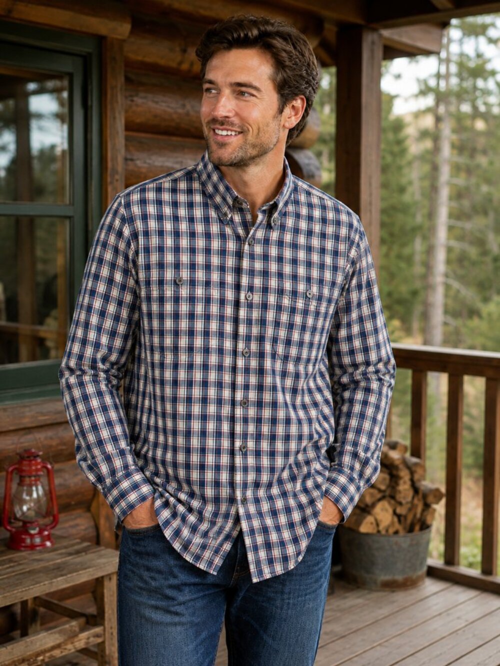 LL Bean Plaid Shirt Blue Red Cotton Woven Long Sleeve Two Pocket Outdoor Large